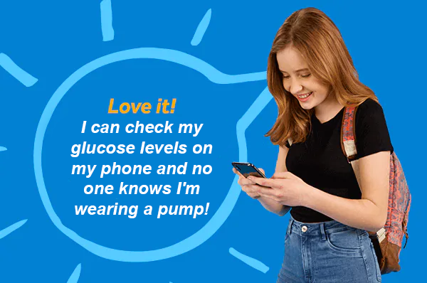 Image of a teenage girl checking her sugar levels on her smartphone